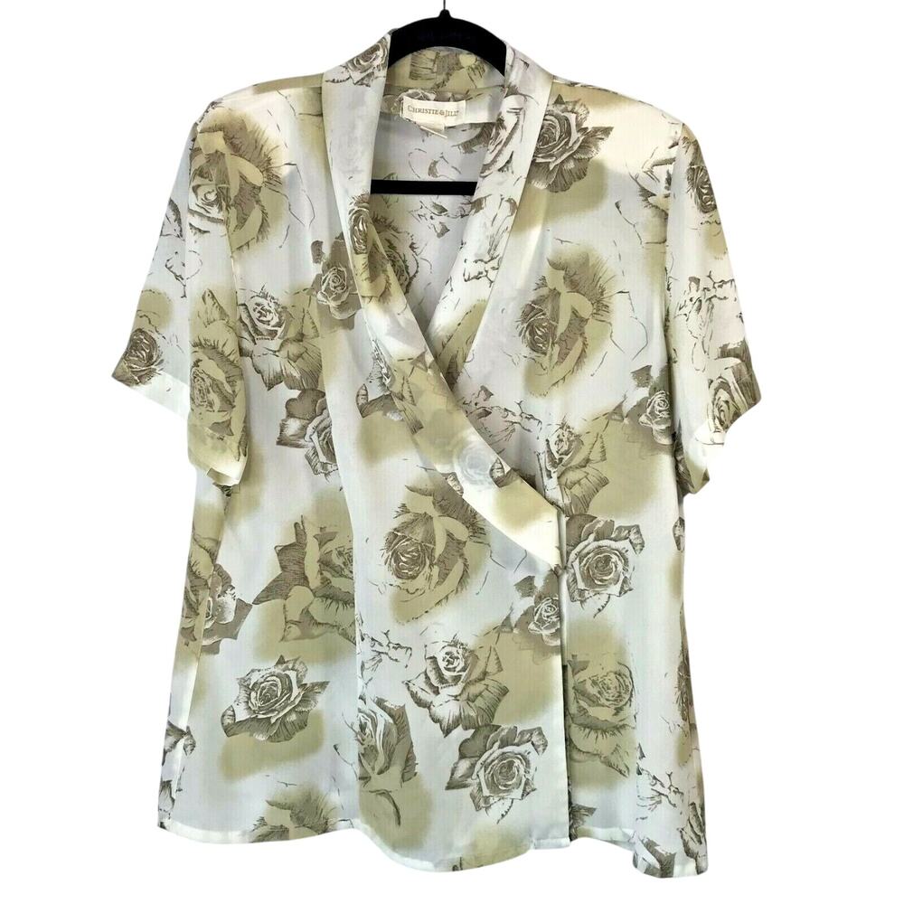 Chiffon Sheer Blouse Half Wrap V Neck Short Sleeves Size 14 Christie & Jill